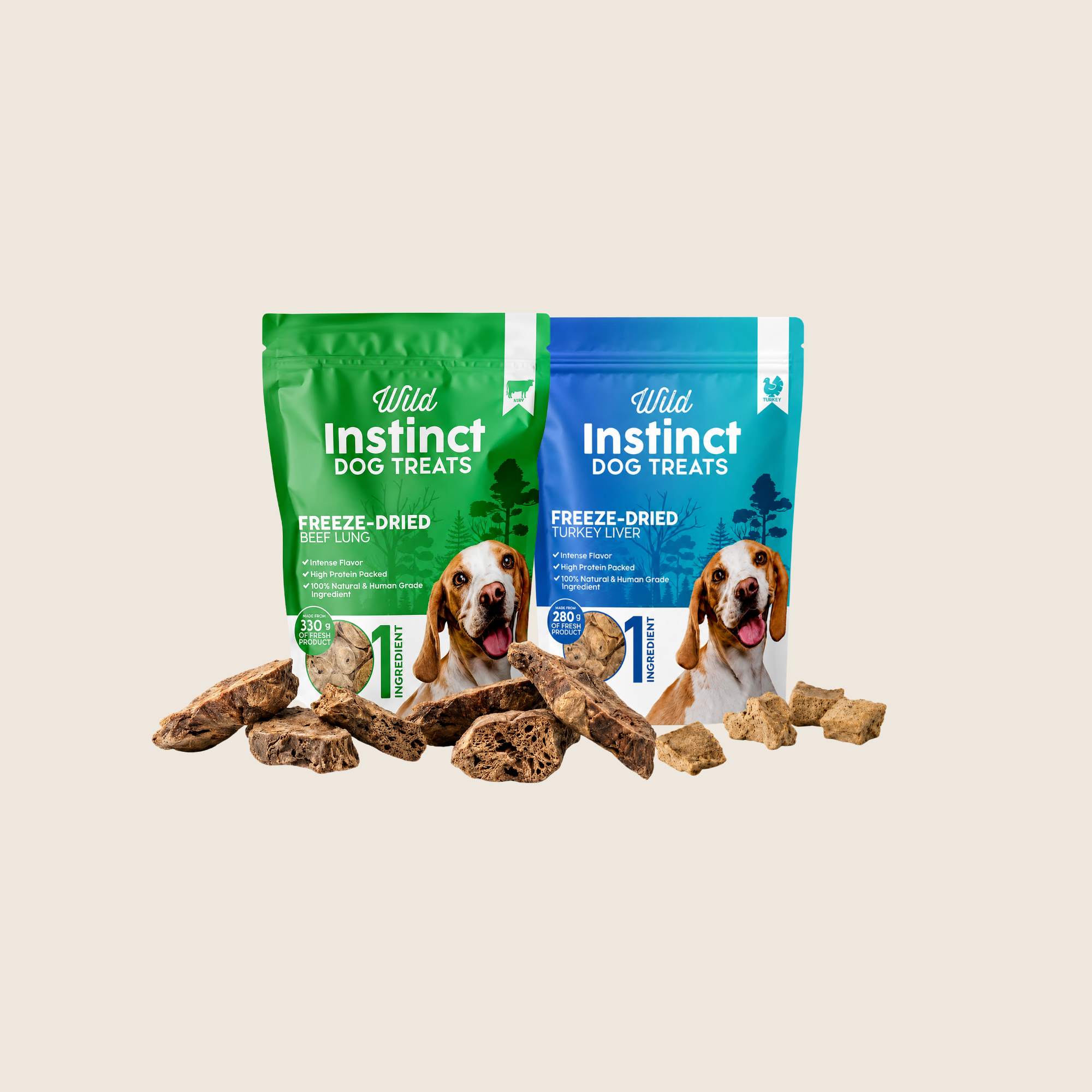 Wild Instinct dog treats, one green and one blue, with several pieces of freeze-dried treat pieces