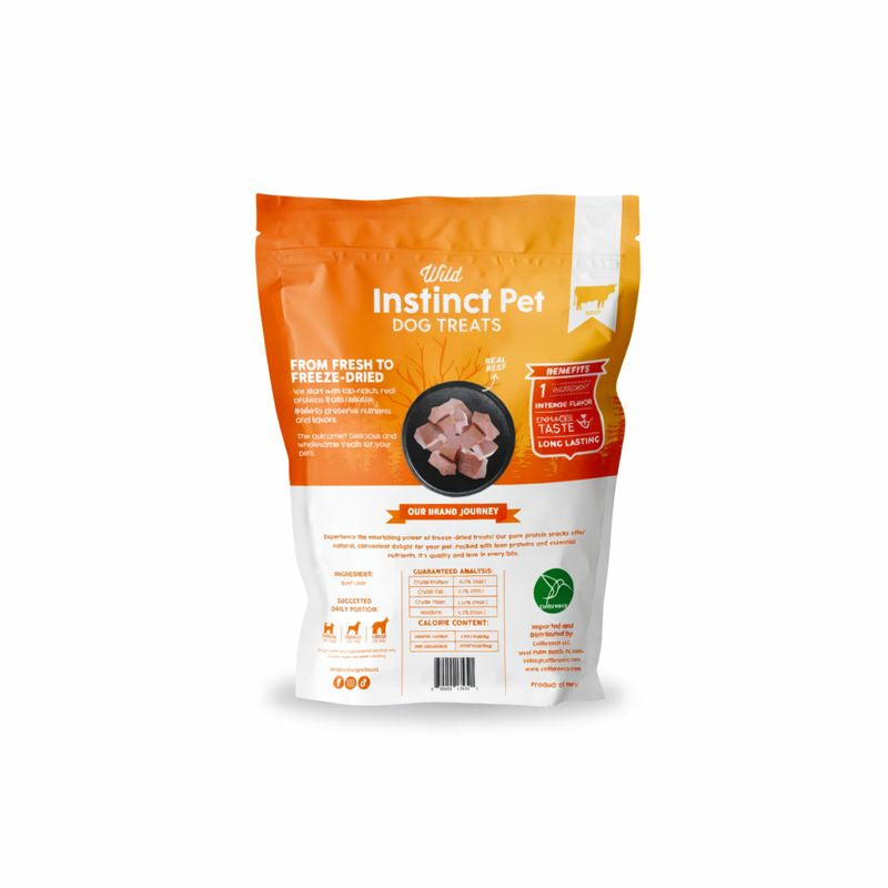Back of Wild Instinct freeze-dried beef liver dog treats showing ingredients and feeding information