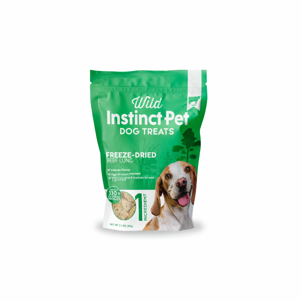 Wild Instinct Pet freeze-dried beef lung dog treats in resealable green bag with real beef lung pieces.