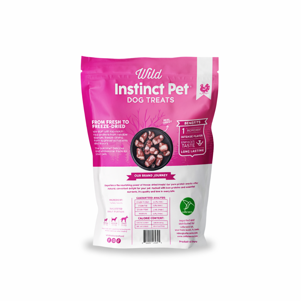 Back of Wild Instinct Pet freeze-dried turkey hearts dog treats bag showing ingredients, guaranteed analysis, calorie content, and feeding guidelines