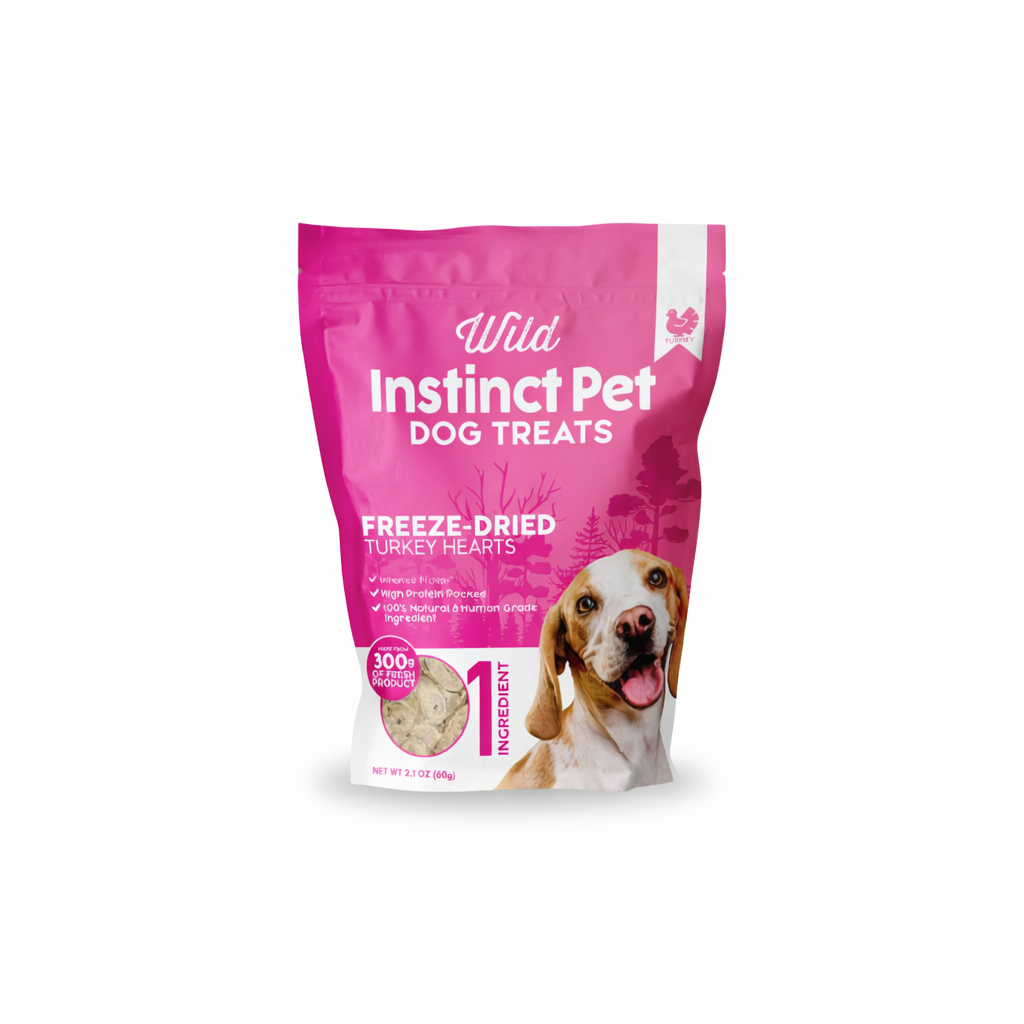 Wild Instinct Pet freeze-dried turkey hearts dog treats in resealable pink bag, made with single-ingredient, high-protein turkey hearts.