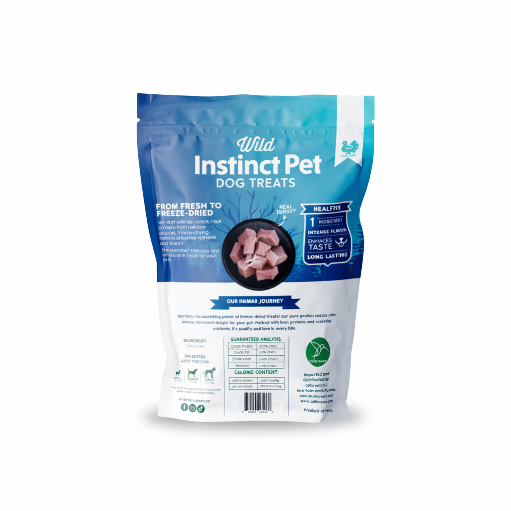 Back of Wild Instinct Pet freeze-dried turkey liver dog treats bag showing ingredients, guaranteed analysis, calorie content, and feeding guidelines